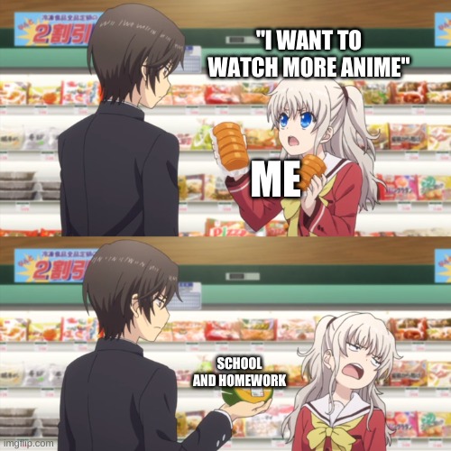 Don't get me wrong I like both... | "I WANT TO WATCH MORE ANIME"; ME; SCHOOL AND HOMEWORK | image tagged in charlotte anime | made w/ Imgflip meme maker