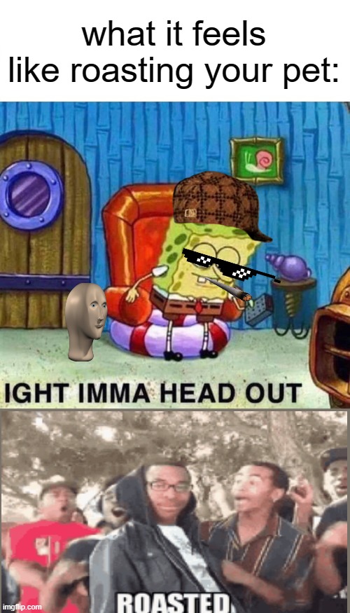 what it feels like | what it feels like roasting your pet: | image tagged in memes,spongebob ight imma head out,lolz | made w/ Imgflip meme maker