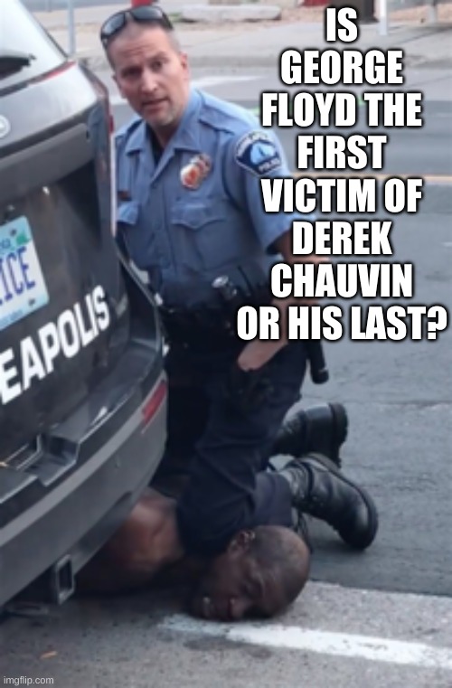 The Last Victim - George Floyd murdered by Derek Chauvin | IS GEORGE FLOYD THE FIRST VICTIM OF DEREK CHAUVIN OR HIS LAST? | image tagged in george floyd,freedom,truth,america,justice,republican | made w/ Imgflip meme maker