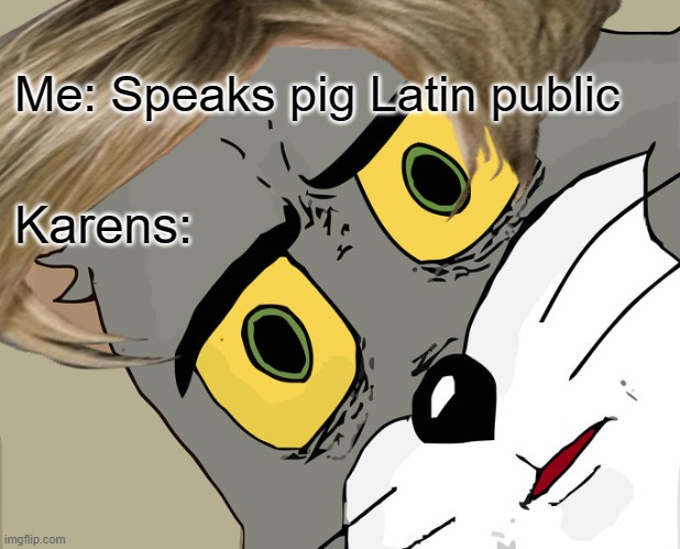 Karens please- | Me: Speaks pig Latin public; Karens: | image tagged in tom cat unsettled close up,karen wig | made w/ Imgflip meme maker
