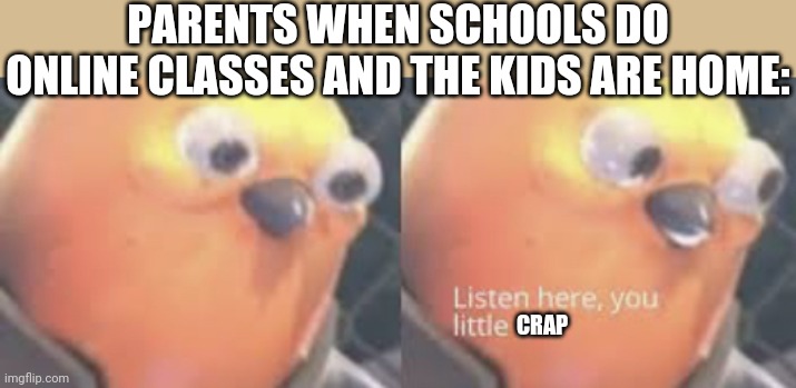 Lol | PARENTS WHEN SCHOOLS DO ONLINE CLASSES AND THE KIDS ARE HOME:; CRAP | image tagged in funny,listen here you little,school,kids | made w/ Imgflip meme maker