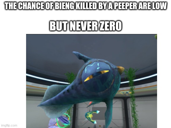This is from subnautica play it or you dumb | THE CHANCE OF BIENG KILLED BY A PEEPER ARE LOW; BUT NEVER ZERO | image tagged in popular memes,fun,video games,subnautica,awkward,underwater | made w/ Imgflip meme maker