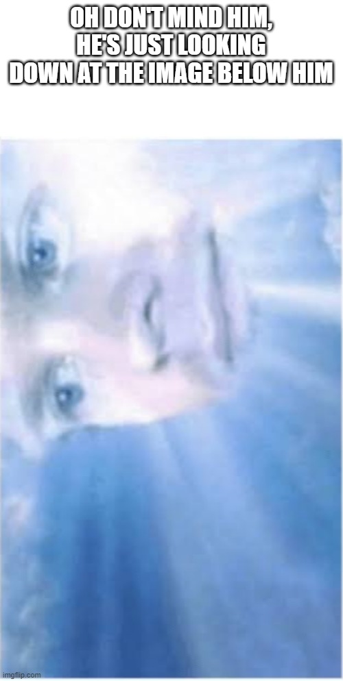 OH DON'T MIND HIM, HE'S JUST LOOKING DOWN AT THE IMAGE BELOW HIM | made w/ Imgflip meme maker