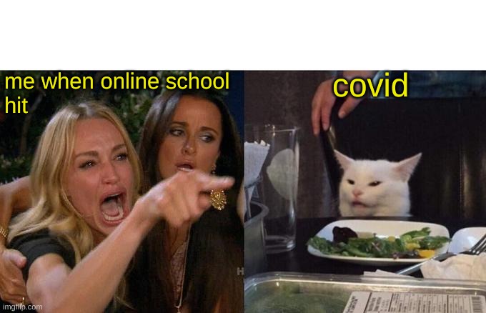 hehe funny | covid; me when online school
hit | image tagged in memes,woman yelling at cat | made w/ Imgflip meme maker