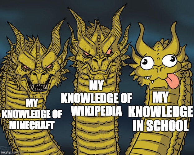 Well he's not wrong..... | MY KNOWLEDGE OF WIKIPEDIA; MY KNOWLEDGE IN SCHOOL; MY KNOWLEDGE OF MINECRAFT | image tagged in three-headed dragon | made w/ Imgflip meme maker