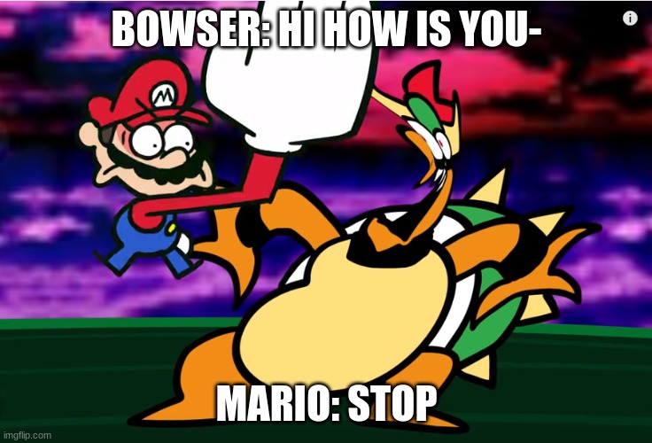 Stop | BOWSER: HI HOW IS YOU-; MARIO: STOP | image tagged in something about super mario 64 slap | made w/ Imgflip meme maker