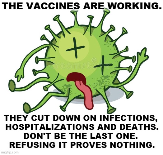 Life is easier after vaccination. | THE VACCINES ARE WORKING. THEY CUT DOWN ON INFECTIONS, 
HOSPITALIZATIONS AND DEATHS.
DON'T BE THE LAST ONE. 
REFUSING IT PROVES NOTHING. | image tagged in vaccines,good,anti vax,dumb | made w/ Imgflip meme maker