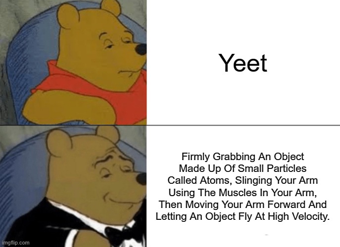Verbose Yeet | Yeet; Firmly Grabbing An Object Made Up Of Small Particles Called Atoms, Slinging Your Arm Using The Muscles In Your Arm, Then Moving Your Arm Forward And Letting An Object Fly At High Velocity. | image tagged in memes,tuxedo winnie the pooh | made w/ Imgflip meme maker