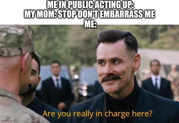Are you really in charge here? | ME IN PUBLIC ACTING UP:
MY MOM: STOP DON'T EMBARRASS ME 
ME: | image tagged in are you really in charge here | made w/ Imgflip meme maker