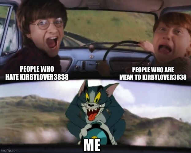 He amazing ^3^ | PEOPLE WHO ARE MEAN TO KIRBYLOVER3838; PEOPLE WHO HATE KIRBYLOVER3838; ME | image tagged in tom chasing harry and ron weasly | made w/ Imgflip meme maker