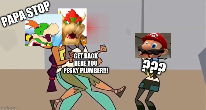 Bowser's Fury In a Nutshell | PAPA STOP; GET BACK HERE YOU PESKY PLUMBER!!! ??? | image tagged in total drama template 3 | made w/ Imgflip meme maker