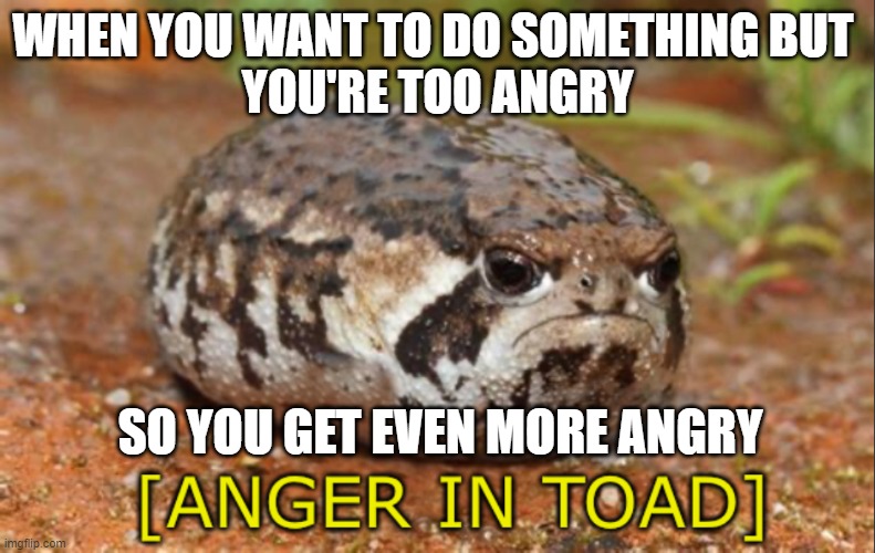 Anger in toad | WHEN YOU WANT TO DO SOMETHING BUT 
YOU'RE TOO ANGRY; SO YOU GET EVEN MORE ANGRY | image tagged in anger in toad | made w/ Imgflip meme maker