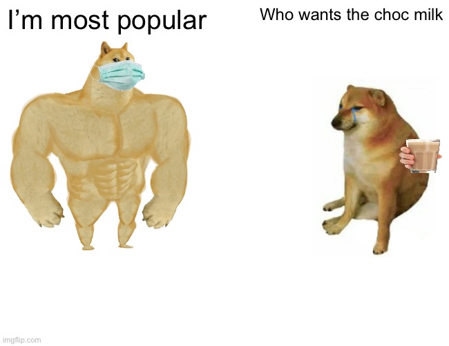 Buff Doge vs. Cheems | I’m most popular; Who wants the choc milk | image tagged in memes,buff doge vs cheems | made w/ Imgflip meme maker