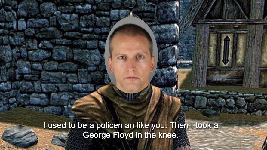 Heard this story a hundred times. | image tagged in skyrim,arrow in the knee,george floyd,blm,derek chauvin | made w/ Imgflip meme maker