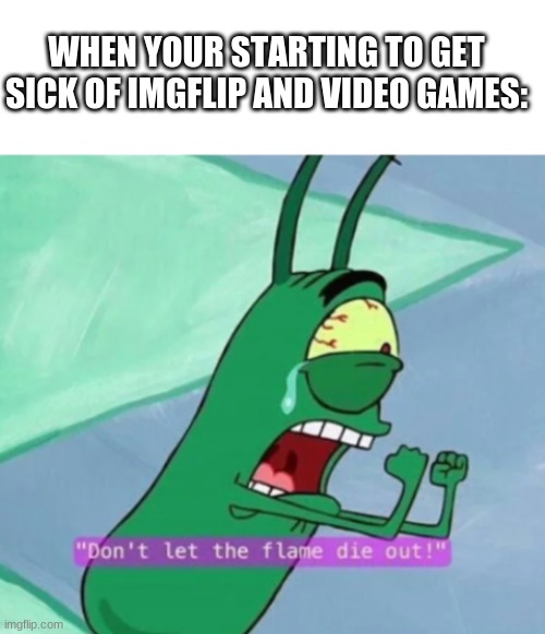 come on come on!!! | WHEN YOUR STARTING TO GET SICK OF IMGFLIP AND VIDEO GAMES: | image tagged in blank white template,don't let the flame die out,memes,imgflip | made w/ Imgflip meme maker
