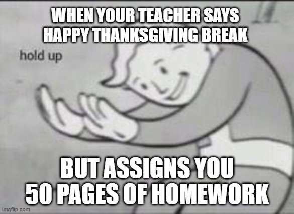 Whoa whoa | WHEN YOUR TEACHER SAYS HAPPY THANKSGIVING BREAK; BUT ASSIGNS YOU 50 PAGES OF HOMEWORK | image tagged in fallout hold up | made w/ Imgflip meme maker
