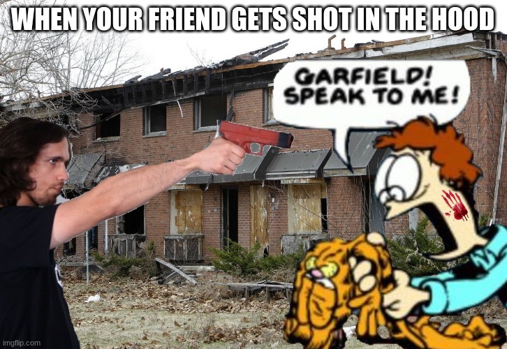 Garfield getting shot |  WHEN YOUR FRIEND GETS SHOT IN THE HOOD | image tagged in lol so funny,guns,ron swanson | made w/ Imgflip meme maker