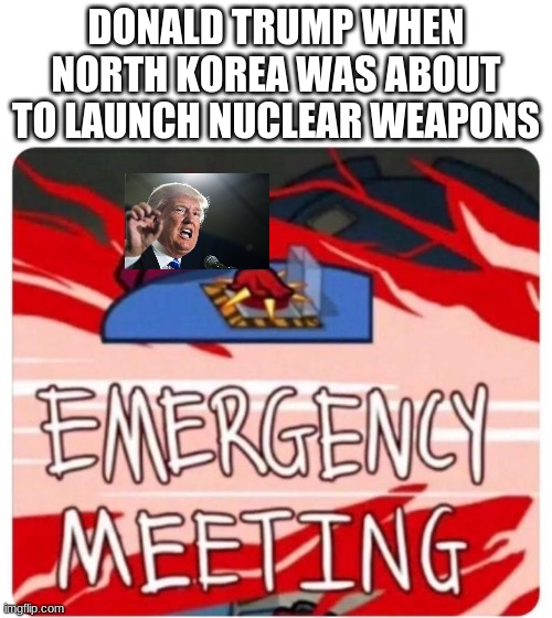 Thank you Donald Trump | DONALD TRUMP WHEN NORTH KOREA WAS ABOUT TO LAUNCH NUCLEAR WEAPONS | image tagged in emergency meeting among us | made w/ Imgflip meme maker