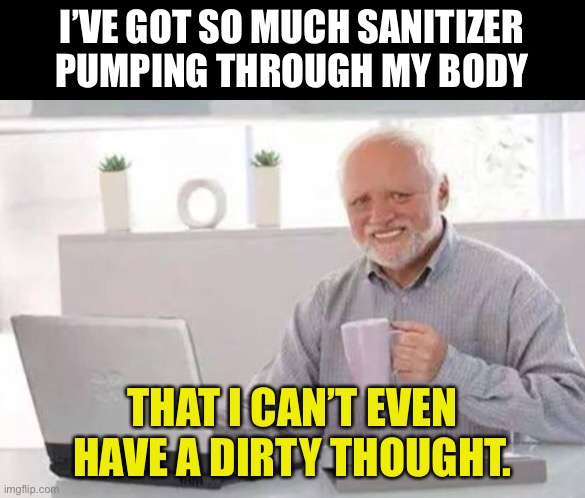 Sanitizer | I’VE GOT SO MUCH SANITIZER PUMPING THROUGH MY BODY; THAT I CAN’T EVEN HAVE A DIRTY THOUGHT. | image tagged in harold | made w/ Imgflip meme maker