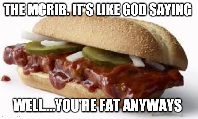 McRib | THE MCRIB. IT'S LIKE GOD SAYING; WELL....YOU'RE FAT ANYWAYS | image tagged in mcrib | made w/ Imgflip meme maker