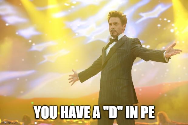 Tony Stark success | YOU HAVE A "D" IN PE | image tagged in tony stark success | made w/ Imgflip meme maker