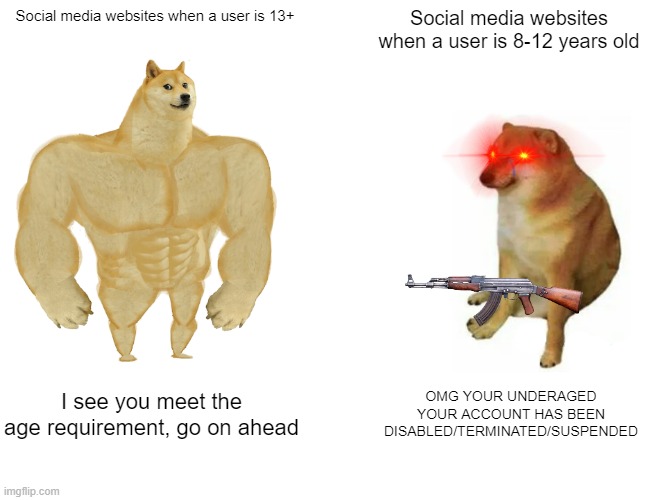 A hater managed to get my Discord account disabled | Social media websites when a user is 13+; Social media websites when a user is 8-12 years old; I see you meet the age requirement, go on ahead; OMG YOUR UNDERAGED YOUR ACCOUNT HAS BEEN DISABLED/TERMINATED/SUSPENDED | image tagged in memes,buff doge vs cheems | made w/ Imgflip meme maker
