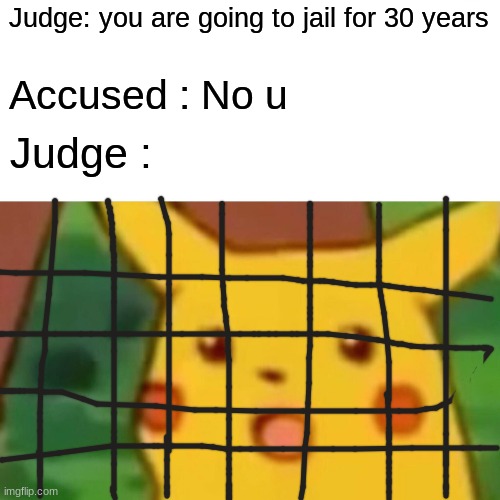 Real court case | Judge: you are going to jail for 30 years; Accused : No u; Judge : | image tagged in memes,surprised pikachu | made w/ Imgflip meme maker