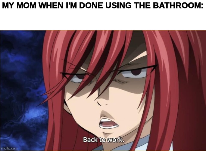 Back to work | MY MOM WHEN I'M DONE USING THE BATHROOM: | image tagged in back to work | made w/ Imgflip meme maker