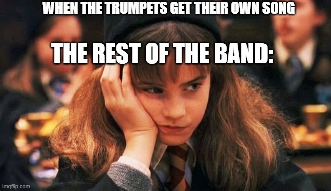 trumpet meme with Hermione | WHEN THE TRUMPETS GET THEIR OWN SONG; THE REST OF THE BAND: | image tagged in bored hermione | made w/ Imgflip meme maker