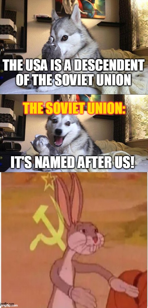 Quick, before the Americans wake up! | THE USA IS A DESCENDENT OF THE SOVIET UNION; THE SOVIET UNION:; IT'S NAMED AFTER US! | image tagged in memes,bad pun dog | made w/ Imgflip meme maker