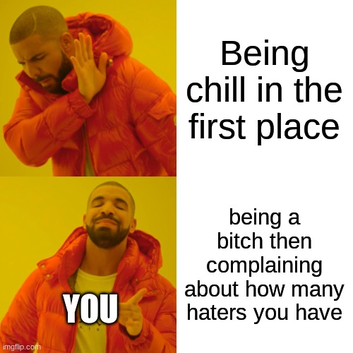Drake Hotline Bling Meme | Being chill in the first place being a bitch then complaining about how many haters you have YOU | image tagged in memes,drake hotline bling | made w/ Imgflip meme maker