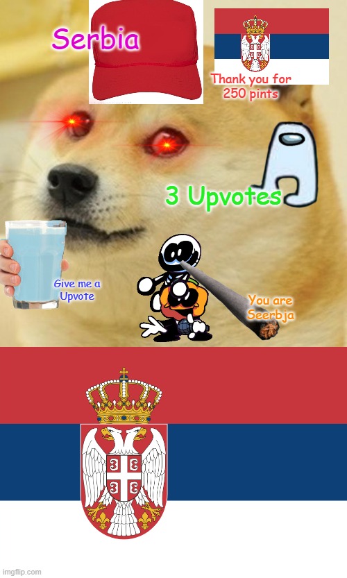 Serbia!?! | Serbia; Thank you for
250 pints; 3 Upvotes; Give me a
Upvote; You are
Seerbja | image tagged in memes,doge,serbian flag | made w/ Imgflip meme maker