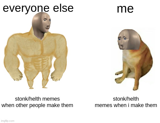 :/ |  everyone else; me; stonk/helth memes when other people make them; stonk/helth memes when i make them | image tagged in memes,buff doge vs cheems | made w/ Imgflip meme maker