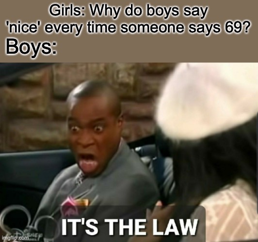It's the law | Girls: Why do boys say 'nice' every time someone says 69? Boys: | image tagged in it's the law | made w/ Imgflip meme maker