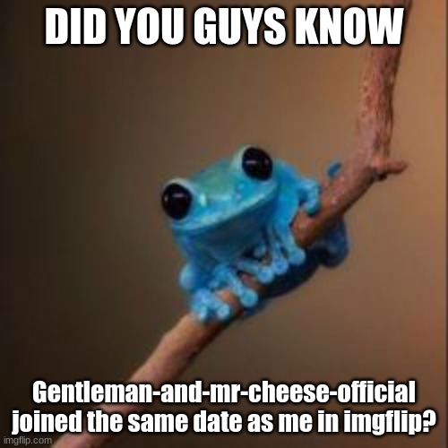 Pre-Fact | DID YOU GUYS KNOW; Gentleman-and-mr-cheese-official joined the same date as me in imgflip? | image tagged in fun fact frog | made w/ Imgflip meme maker