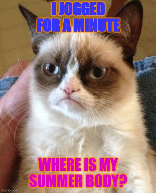 Grumpy Cat | I JOGGED FOR A MINUTE; WHERE IS MY SUMMER BODY? | image tagged in memes,grumpy cat | made w/ Imgflip meme maker