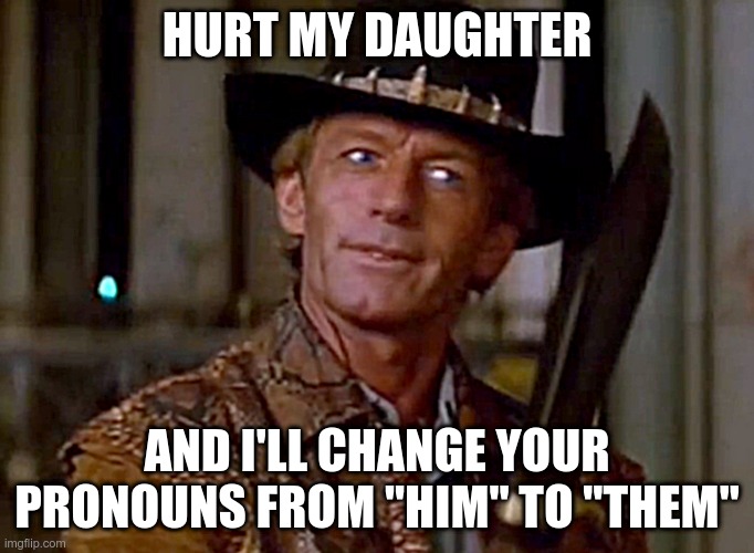 That would be a fun threat to make.... | HURT MY DAUGHTER; AND I'LL CHANGE YOUR PRONOUNS FROM "HIM" TO "THEM" | image tagged in crocodile dundee knife,pronouns | made w/ Imgflip meme maker