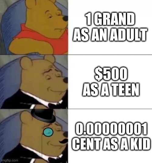 Fancy pooh | 1 GRAND AS AN ADULT; $500 AS A TEEN; 0.00000001 CENT AS A KID | image tagged in fancy pooh | made w/ Imgflip meme maker