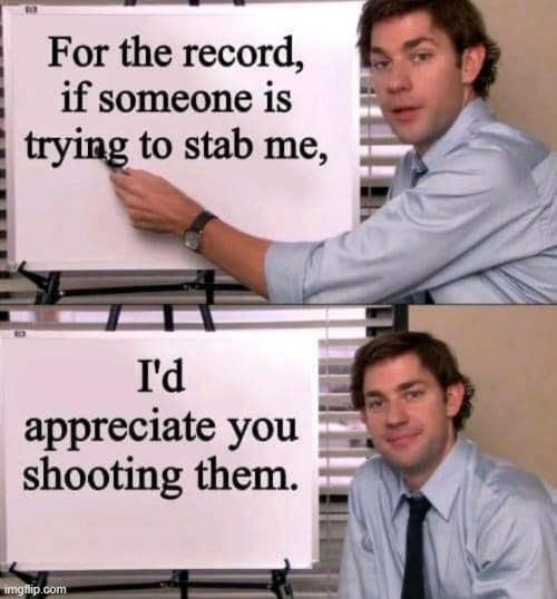 If someone is trying to stab me! I appreciate it if you would shoot them!  THANKS!! | image tagged in stupid liberals,morons,idiots | made w/ Imgflip meme maker