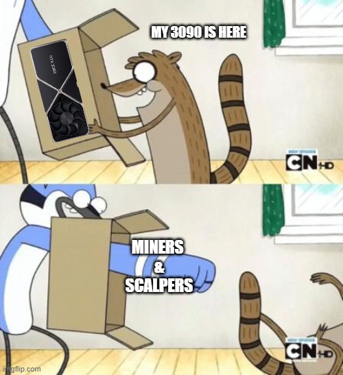 Finally got my hands on a 30..... Damn it | MY 3090 IS HERE; MINERS 
&
SCALPERS | image tagged in mordecai punches rigby through a box | made w/ Imgflip meme maker