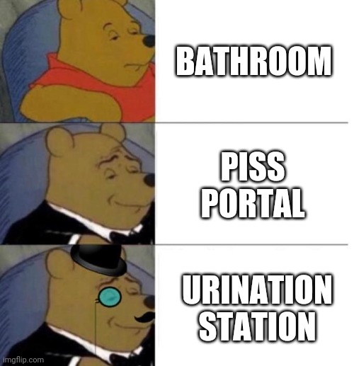 Tuxedo Winnie the Pooh (3 panel) | BATHROOM; PISS PORTAL; URINATION STATION | image tagged in tuxedo winnie the pooh 3 panel | made w/ Imgflip meme maker