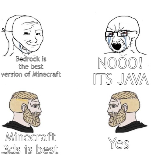 Best Version OF Minecraft | Bedrock is the best version of Minecraft; NOOO! ITS JAVA; Yes; Minecraft 3ds is best | image tagged in chad we know | made w/ Imgflip meme maker