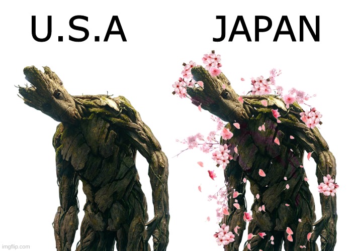 if groot was anime | U.S.A       JAPAN | image tagged in groot,i am groot,anime,cherry,tree,japan | made w/ Imgflip meme maker