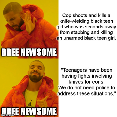 Drake Hotline Bling | Cop shoots and kills a
knife-wielding black teen
girl who was seconds away
from stabbing and killing
an unarmed black teen girl. BREE NEWSOME; "Teenagers have been
having fights involving knives for eons.
We do not need police to
address these situations."; BREE NEWSOME | image tagged in memes,drake hotline bling,bree newsome,blm | made w/ Imgflip meme maker