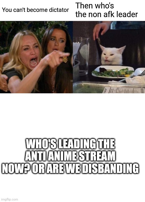 I'm pretty sure the higher ups are afk I haven't seen them on the stream...     Maybe we should hold an election? | You can't become dictator; Then who's the non afk leader; WHO'S LEADING THE ANTI ANIME STREAM NOW? OR ARE WE DISBANDING | image tagged in memes,woman yelling at cat,blank white template | made w/ Imgflip meme maker