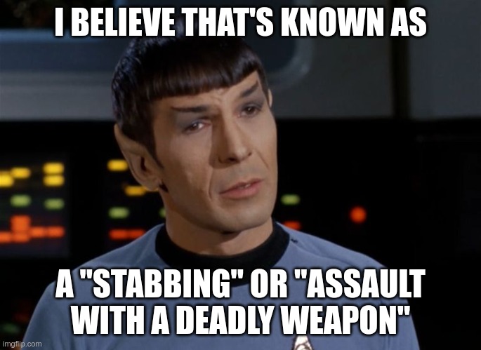 I believe I said that.  | I BELIEVE THAT'S KNOWN AS A "STABBING" OR "ASSAULT WITH A DEADLY WEAPON" | image tagged in i believe i said that | made w/ Imgflip meme maker
