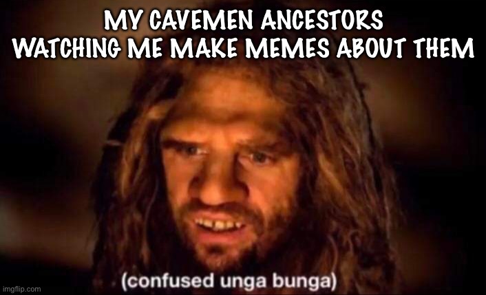 True, right? | MY CAVEMEN ANCESTORS WATCHING ME MAKE MEMES ABOUT THEM | image tagged in confused unga bunga | made w/ Imgflip meme maker