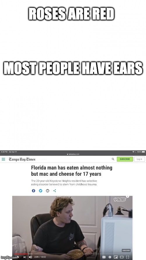 Florida Man | ROSES ARE RED; MOST PEOPLE HAVE EARS | image tagged in florida man,meanwhile in florida | made w/ Imgflip meme maker
