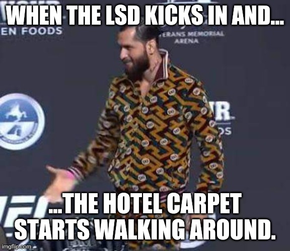 WHEN THE LSD KICKS IN AND... ...THE HOTEL CARPET STARTS WALKING AROUND. | image tagged in carpet | made w/ Imgflip meme maker