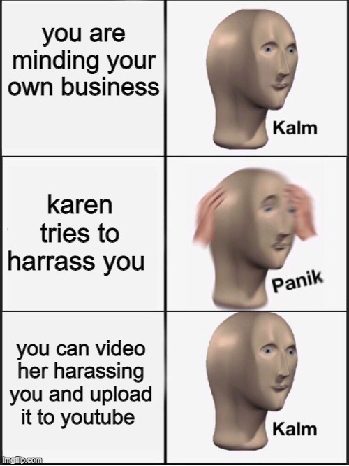 take that karen | you are minding your own business; karen tries to harrass you; you can video her harassing you and upload it to youtube | image tagged in kalm panik kalm,karen,memes,funny memes,meme man | made w/ Imgflip meme maker
